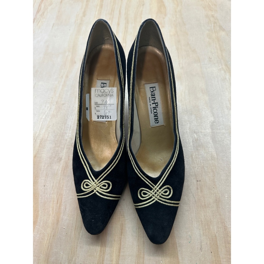 Evan-Picone‎ Vintage Black Suede Gold Embroidered Pumps Heels Made in Spain 9N